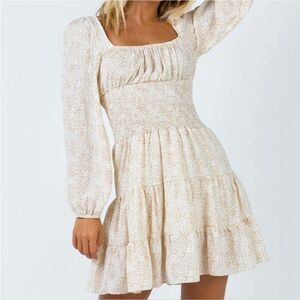 Princess Polly Devante Mini Dress Smocked Brown Floral Sz 8 Balloon sleeve